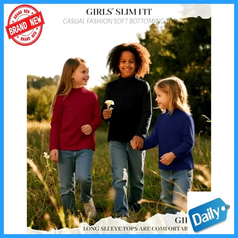 Girls' Mock Turtleneck Long Sleeve Tees 3 Pack Warm Slim Fit Basic Layer